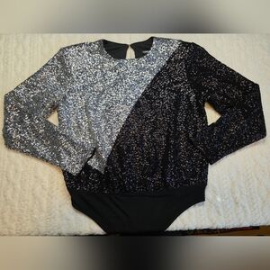 ✨ NWT Express Black Silver Sequin Bodysuit Long Sleeve L